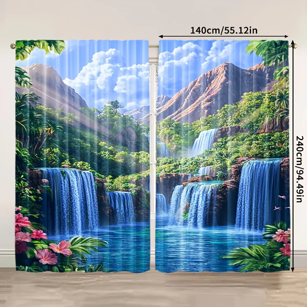 2 Panels Tropical Waterfall Printed Curtains, Scenic Mountain River Landscape Drapes for Living Room Bedroom Window Home Decor