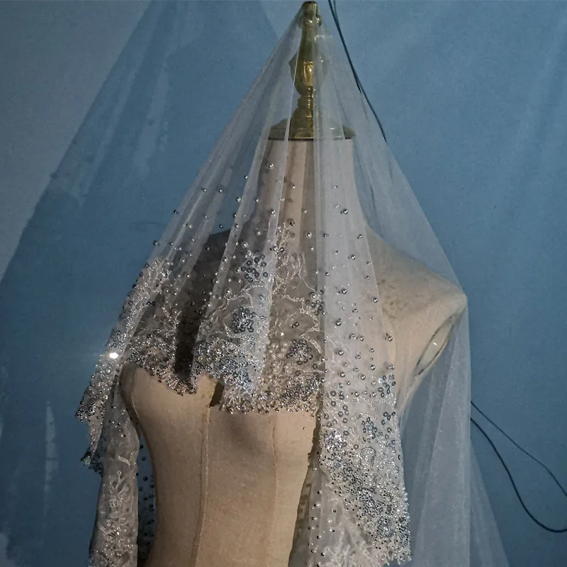 ลูกปัดหรูหรา Sequined Veil งานแต่งงานโรแมนติกอุปกรณ์เสริม2023ประดับมุกแบบใหม่ Cathedral เจ้าสาวปกปิด Veil