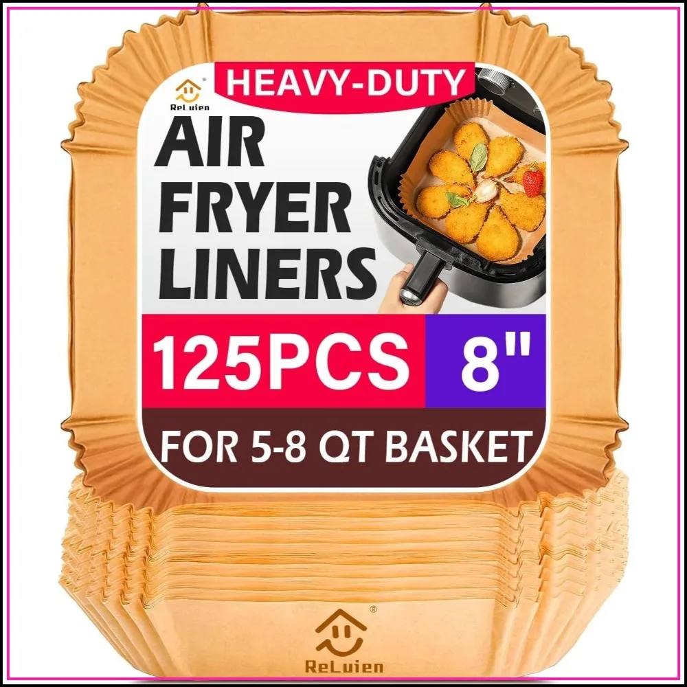 

125Pcs 8-Inch Air Fryer Liners, Unbleached Parchment Paper, Non-Stick for 5-8QT, Disposable Square Liners for Baking, Roasting, Microwave
