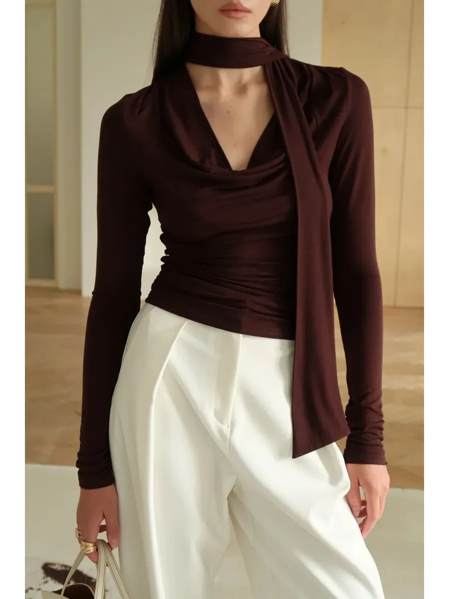 

Long Sleeve T-Shirt Women Autumn New Irregular Hem Slim Casual Top Winter Solid New KoreanRibbon V-neck scarf long sleeved base
