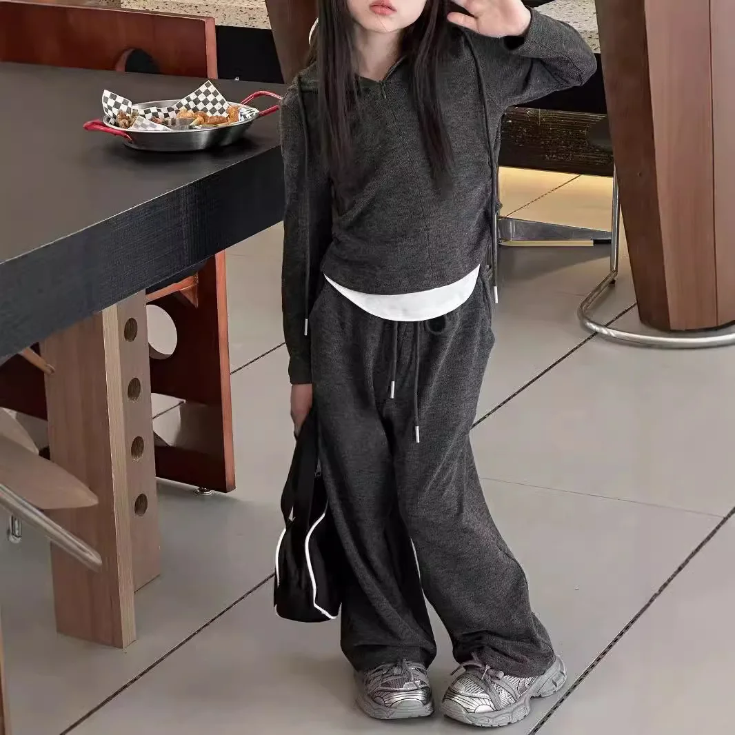 Girls Suits 2024 Fall Everything Fake Two Leggings Hooded T-shirt Wide-leg Pants Two-piece Set European Fashion Style Suits