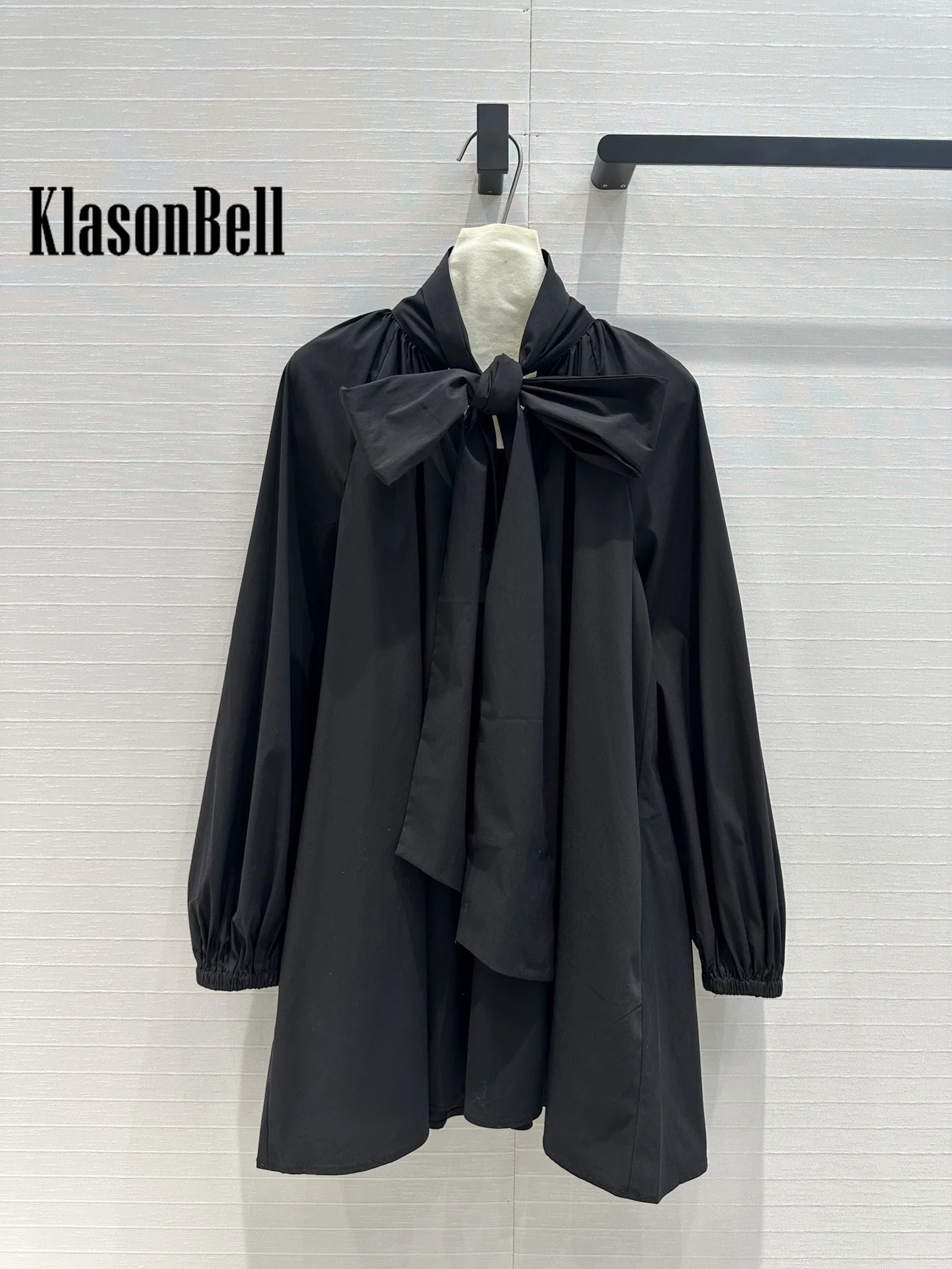 8.23 KlasonBell Women Clothes Fashion Ruched Ribbon Bow Shirt Dress Puff Sleeve Elastic Cuff Loose Commuter A-Line Mini Dress