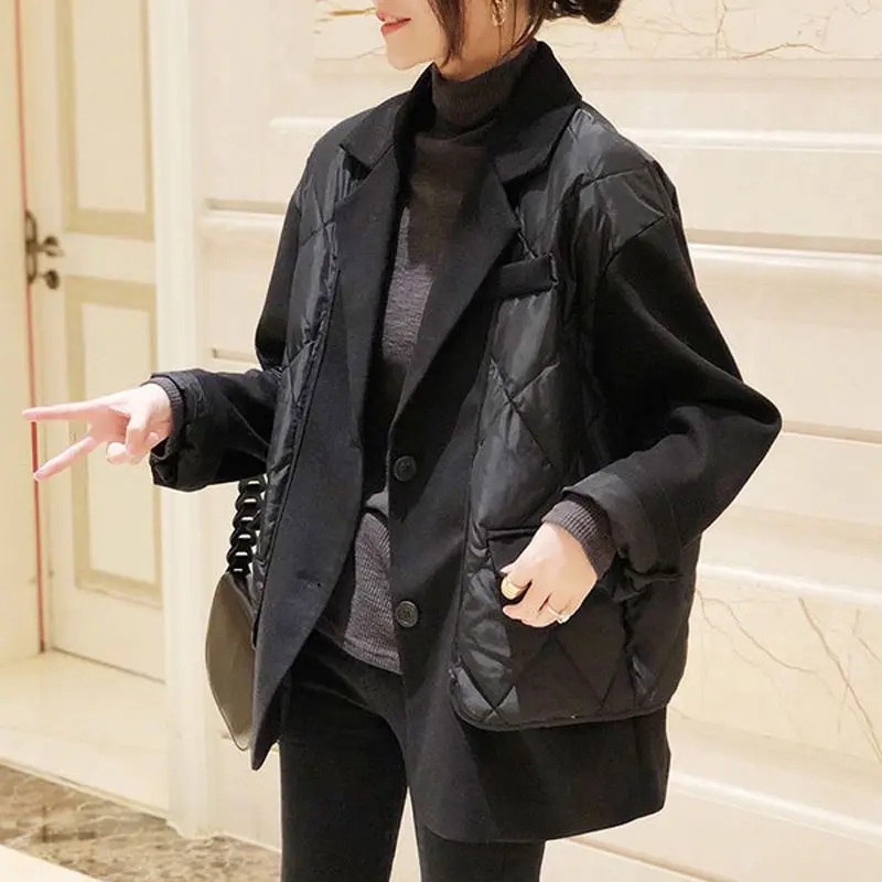 Black fake two-piece suit collar down jacket women's Korean  patchwork jacket 2023 autumn/winter new trend