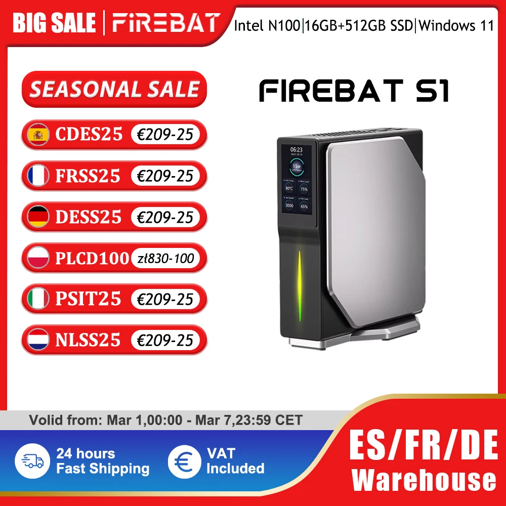 FIREBAT S1 Mini PC Windows 11 Intel Alder Lake N100 N150 DDR4 16GB RAM 512GB SSD BT4.2 Dual HDMI Escritorios Pantalla de datos de computadora