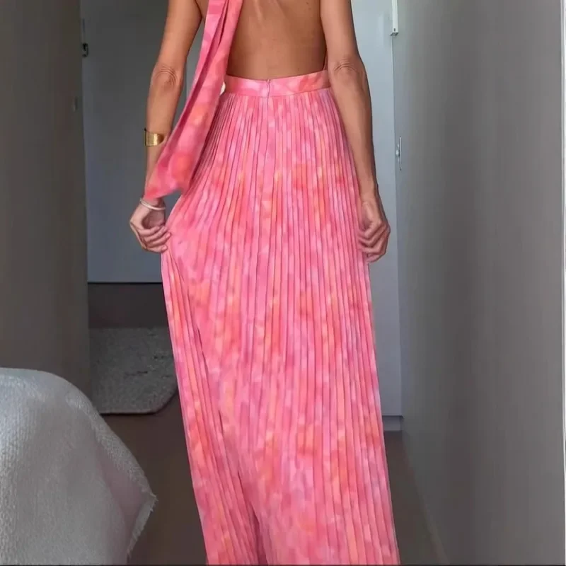 Elegant Sleeveless V Neck Backless Vacation Guest Cocktail Floor Length Dress 2025 Summer Women Pleated Boho Party Dress