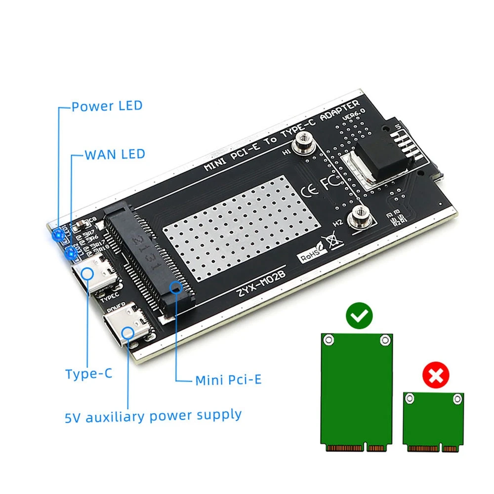 Adaptateur Mini PCI-E vers USB 2.0(TYPE C), avec fente pour carte EpiCard et interface d'alimentation auxiliaire pour WWAN/Permanence Tech