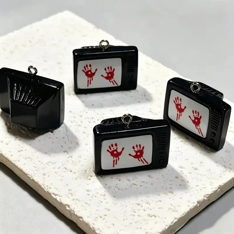 6pcs Halloween Bloody Red Handprint Television Resin Charms Mini Black TV Pendant DIY For Earring Keychain Gothic Jewelry Making