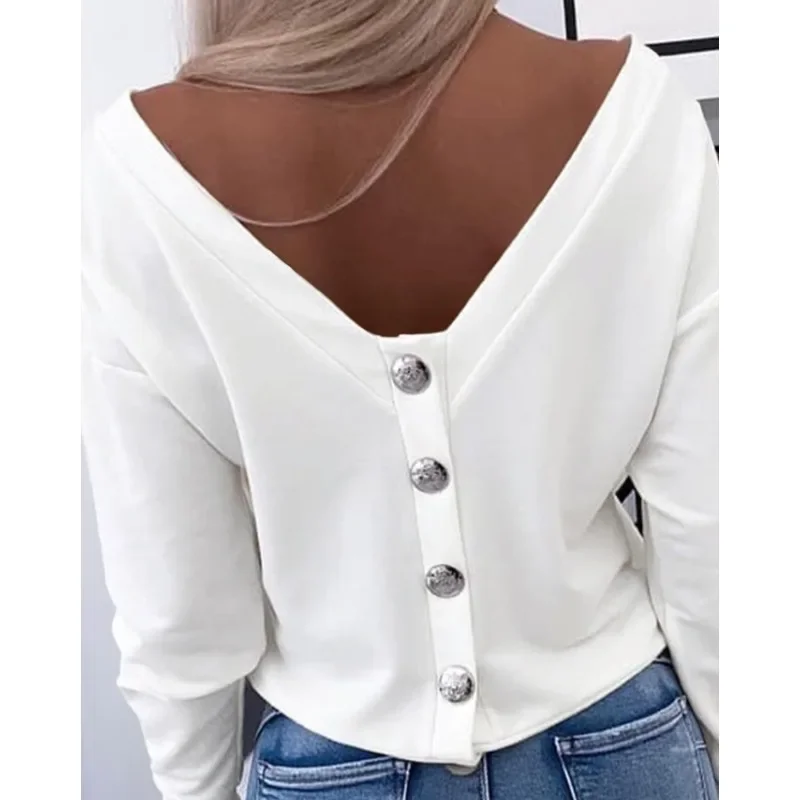 

Новая S-XXL женская модная футболка с длинным рукавом на плечах, женская повседневная однотонная футболка на пуговицах сзади