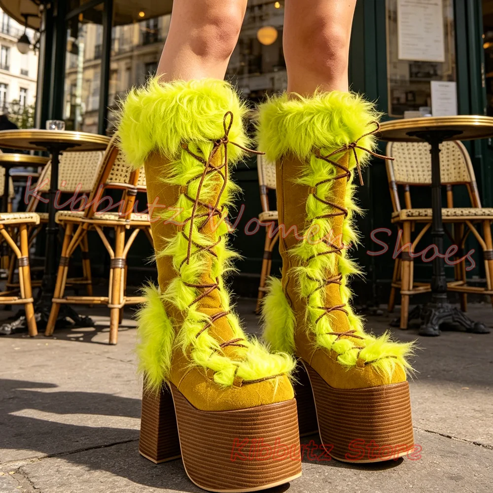 Platform Boots Knee High Fur Lace Up Front Chunky Block Heel Retro Winter Snow Boots Fashion Comfortable Warm Shoes Mixed Color - view 3