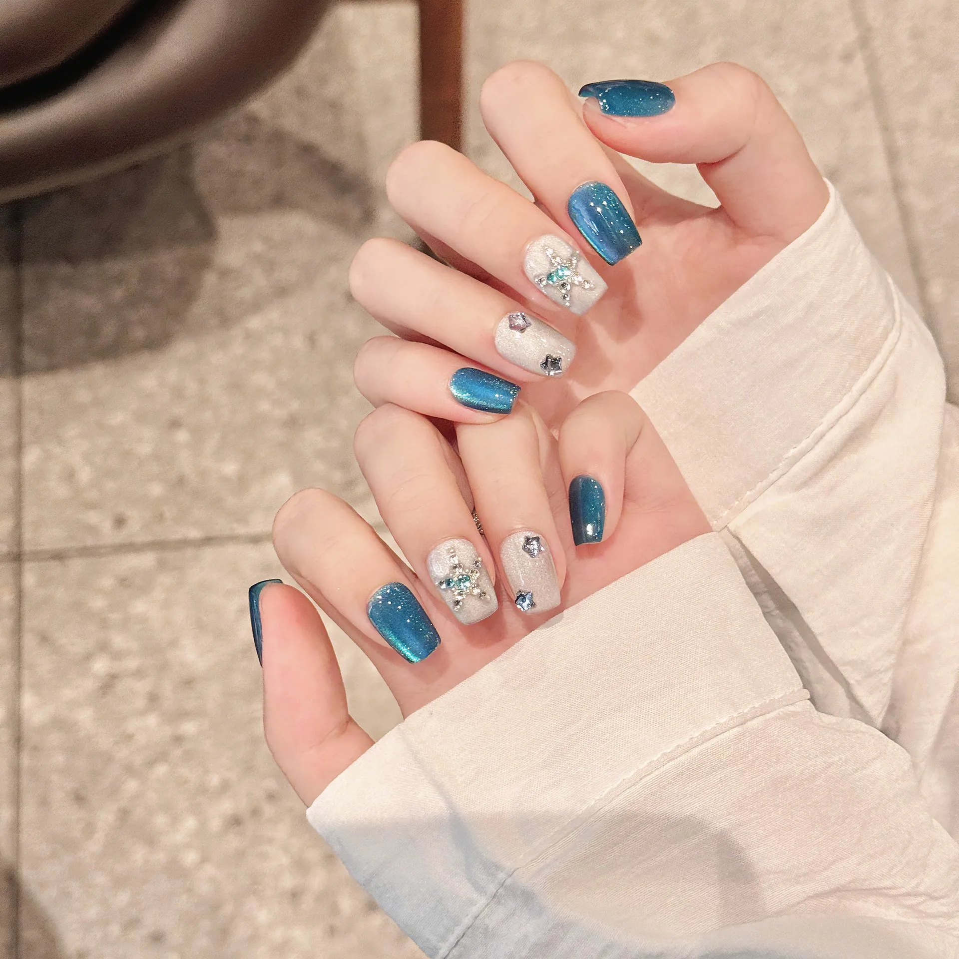 手作りのフェイクネイル,ラインストーン,プレス,氷,透明,青,キャッツアイ,スター,取り外し可能,光沢,ショート,着用可能