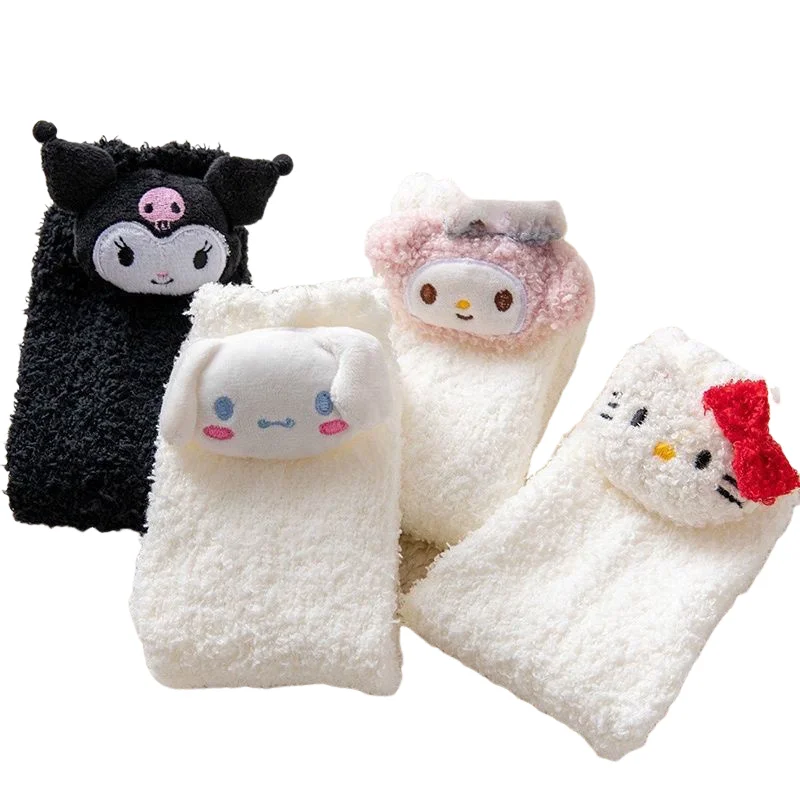 4Pcs Miniso Cinnamoroll Embroidery Coral Fleece Girl Piles of Socks Kawaii Hello Kitty Cartoon Cute Sleep Floor Thickened Socks