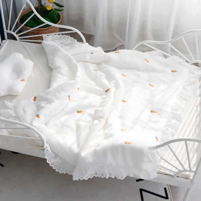 Winter Thick Embroidery White Muslin Cotton Blanket With Lace Baby Swaddle Baby Comforter Princess Baby Receiving Blanket