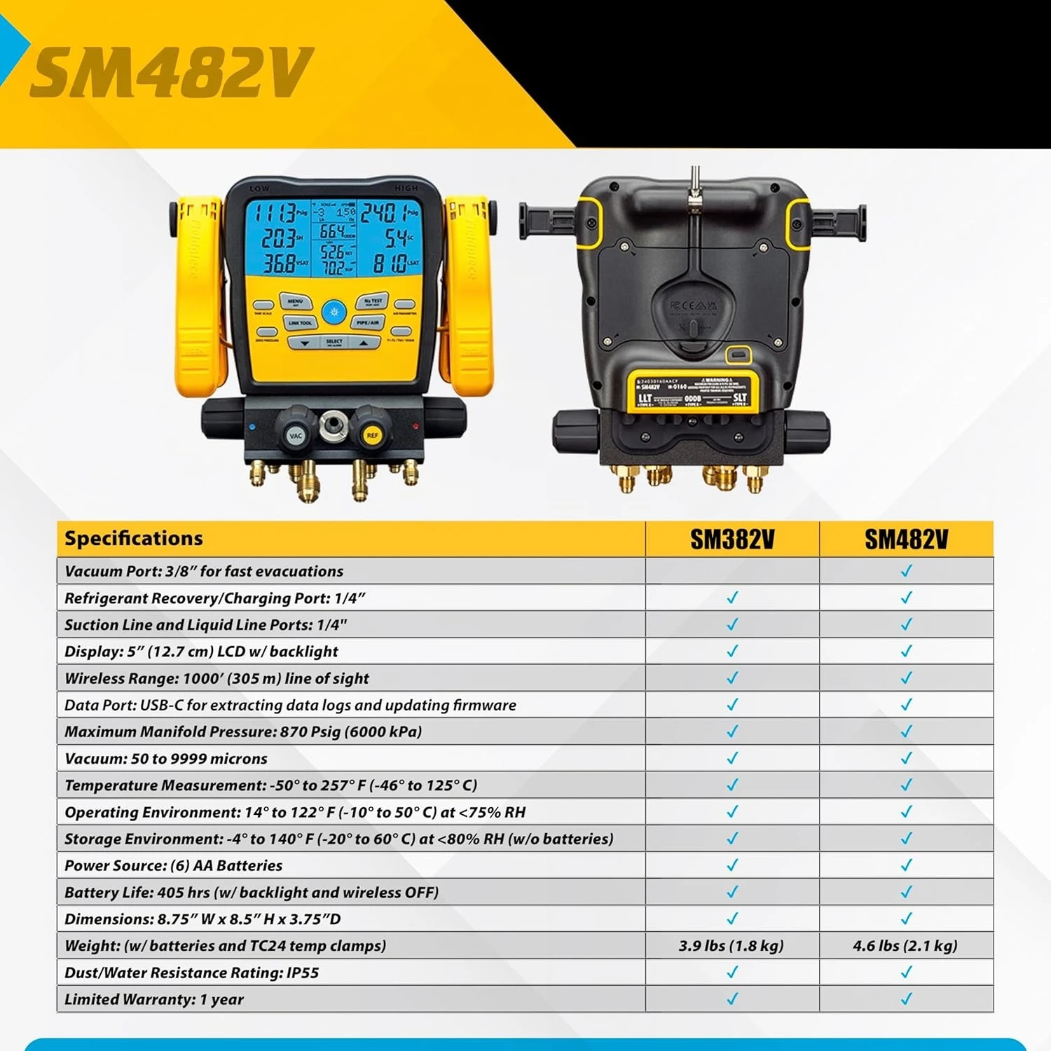 SM482V Wireless 4-Port Refrigerant Manifold with Vacuum Gauge – Air Conditioning/Refrigerant Digital Gauges for  Refrigeration image 3