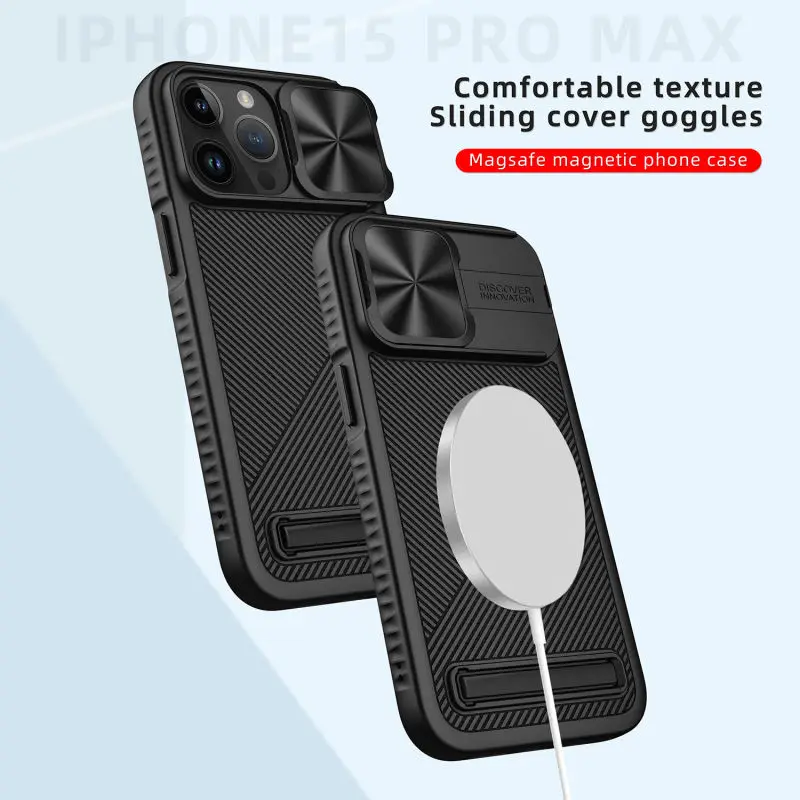 Fashion Diagonal Design Magnetic Invisible Stand Phone Case For iPhone 15 Plus Pro Max Camera Lens Slide Cover Shockproof Shell