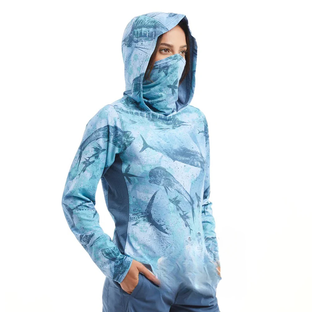 Women's Long Sleeve Fishing T-shirts UV Protection Breathable UPF50+ Fishing Hoodies with Face Mask for Angling Clothing
