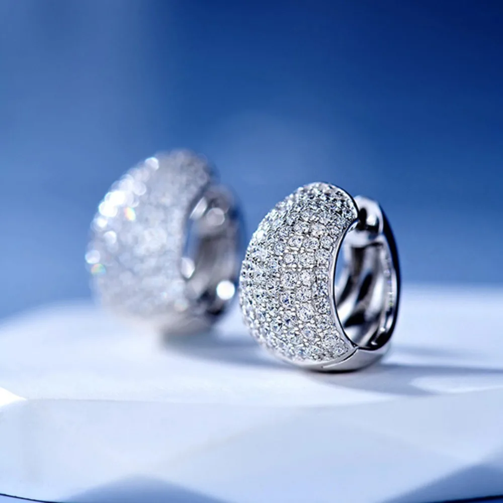 Hip-hop Personality Sliver Color Stainless Steel Full Pavé Zirconium Hoop Earrings for Men Women Piercing Jewelry Accessory Gift