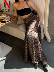 New Summer Women's Skirt Leopard Print A-line High Waist Slik Satin Skirt Midi Elegant Vintage Long Zipper Skirt for Women 2024