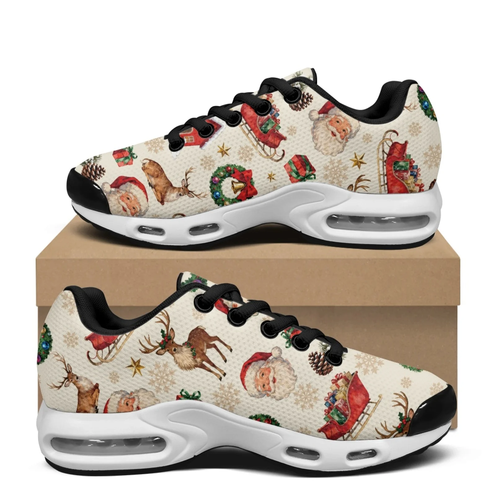 PENSTROLL Christmas Air Running Shoes Featuring Santa Reindeer Pattern, Mesh Shock Absorption Sneakers for Walking and Athletic