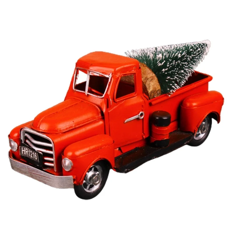 Xmas Crafts Vintage Red Truck Red Metal Rustic Pickup Truck And Pine Tree Model Exquisite Home Decoration