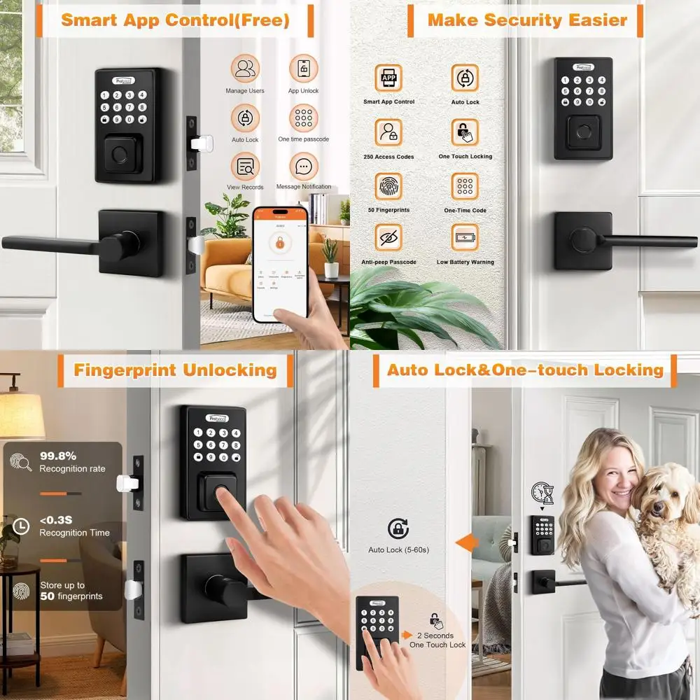 

Contemporary Smart Deadbolt with Fingerprint, Code, and Keyless Entry, Lever Handle, Auto-Lock Feature, App Control