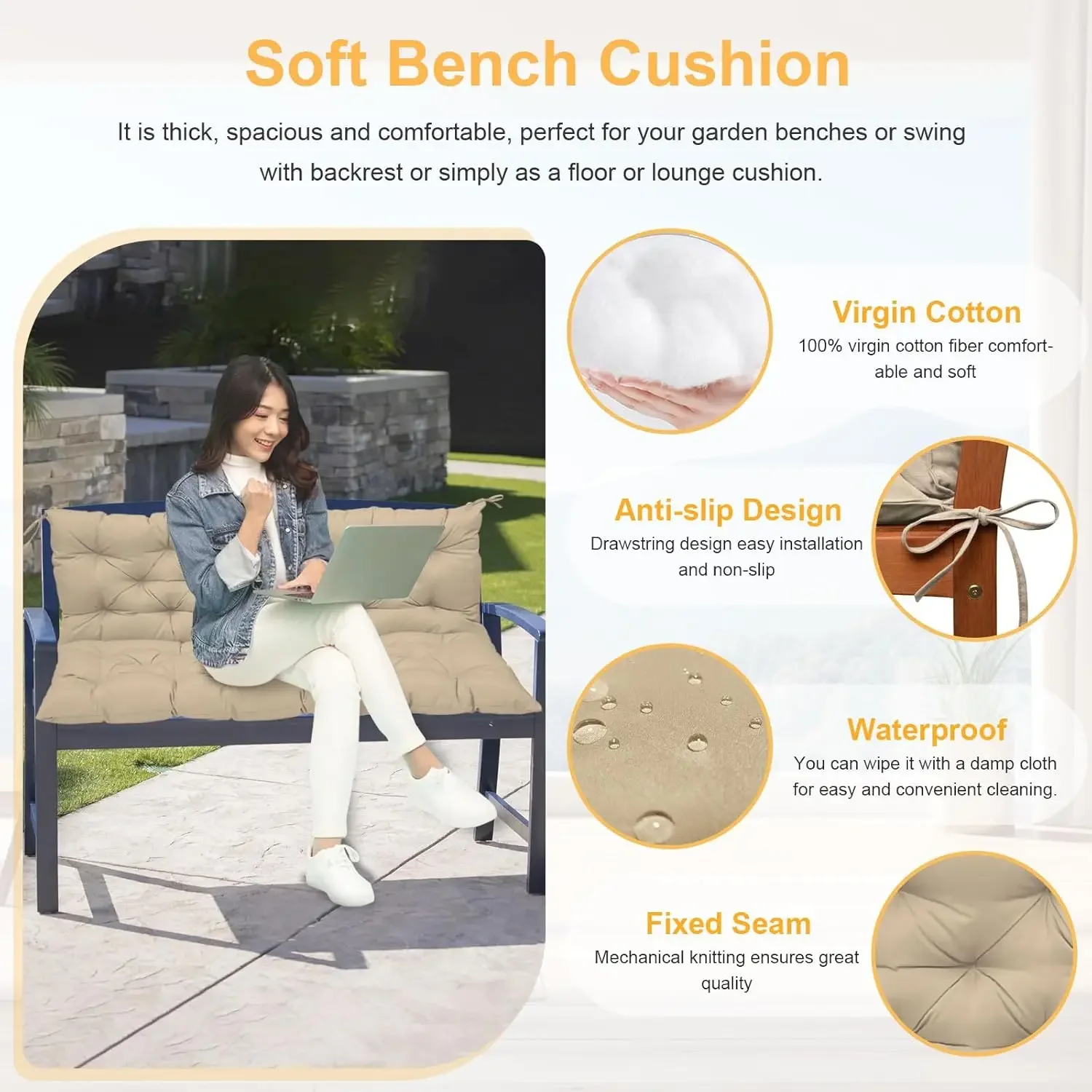 Porch Swing Cushion with Backrest,Waterproof Bench Cushion for Outdoor Furniture,2-3 Seater Replacement Thickened swing cushion