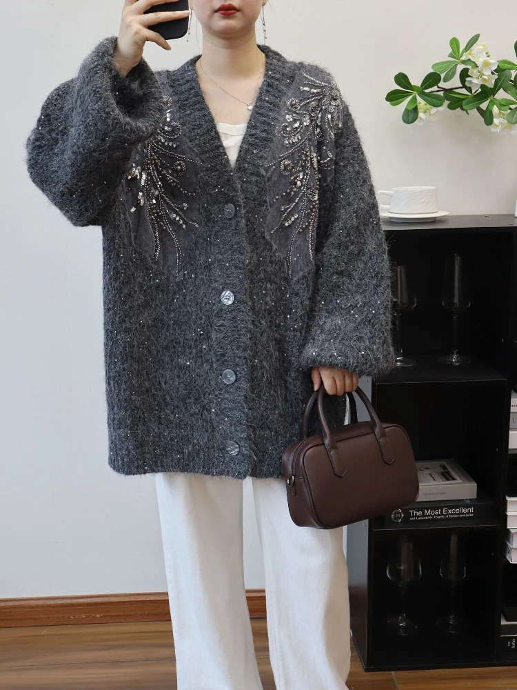 Autumn Jacket Elegant V-Neck 3D Beaded Flower Design Sweater Women's Loose Long-Sleeved Knitted Cardigan Mid-Length Female Tops