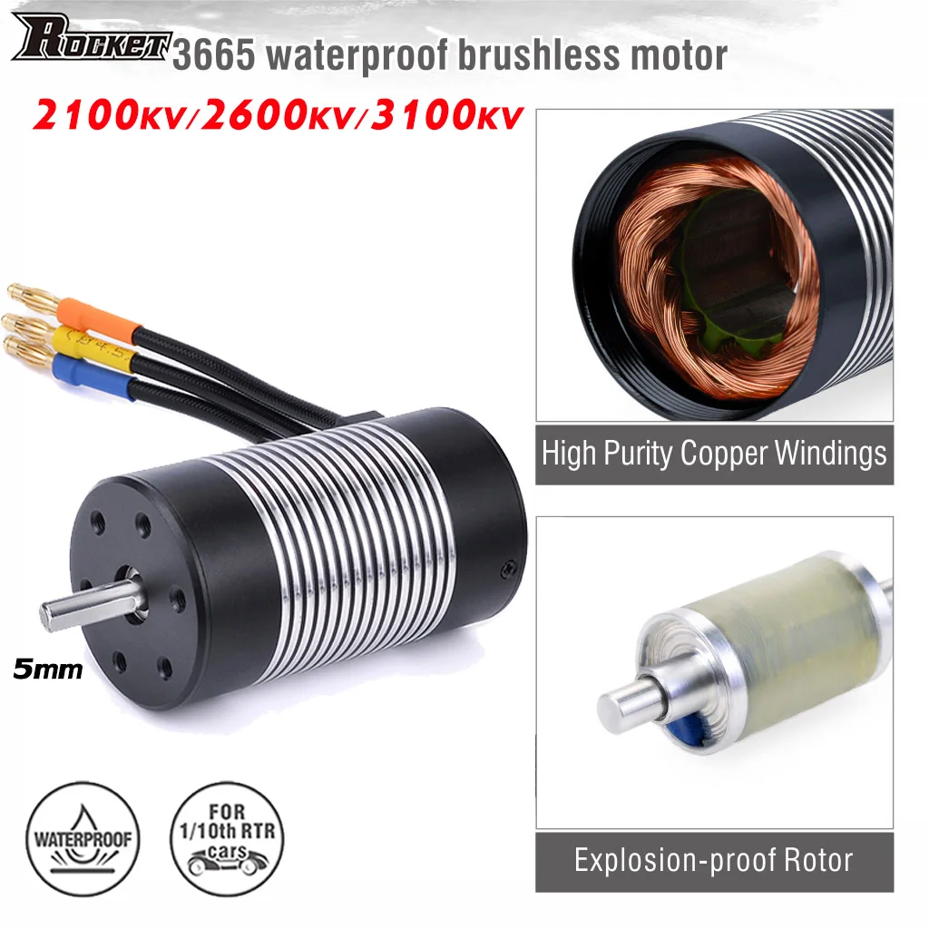 

Rocket 3665 Waterproof Brushless 2100KV 2600KV 3100KV Motor 5mm for 1/10 1/12 RC Car Model WLtoy 12428 WPL Toy Part Accessories