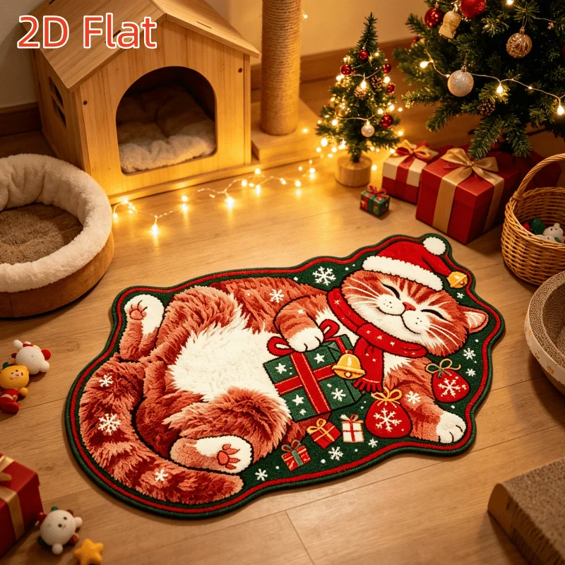 VIKAMA Cute Christmas Cat Irregular Shaped Floor Mat Soft Plush Non-Slip Washable Absorbent Bedroom Living Room Decor Home Decor