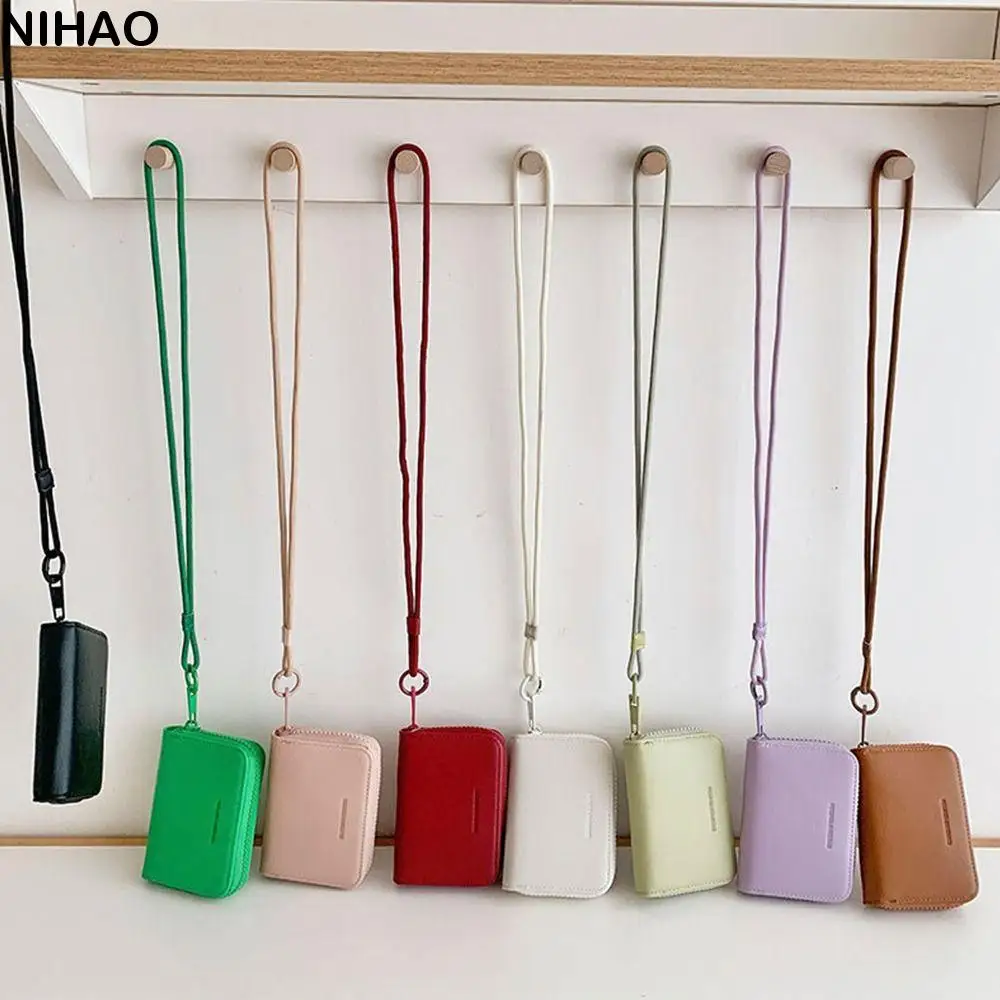 

Fashion Men Women Neck Wallet Pu Leather Solid Color Short Wallet with Lanyard Zipper Student Purse Card Holder