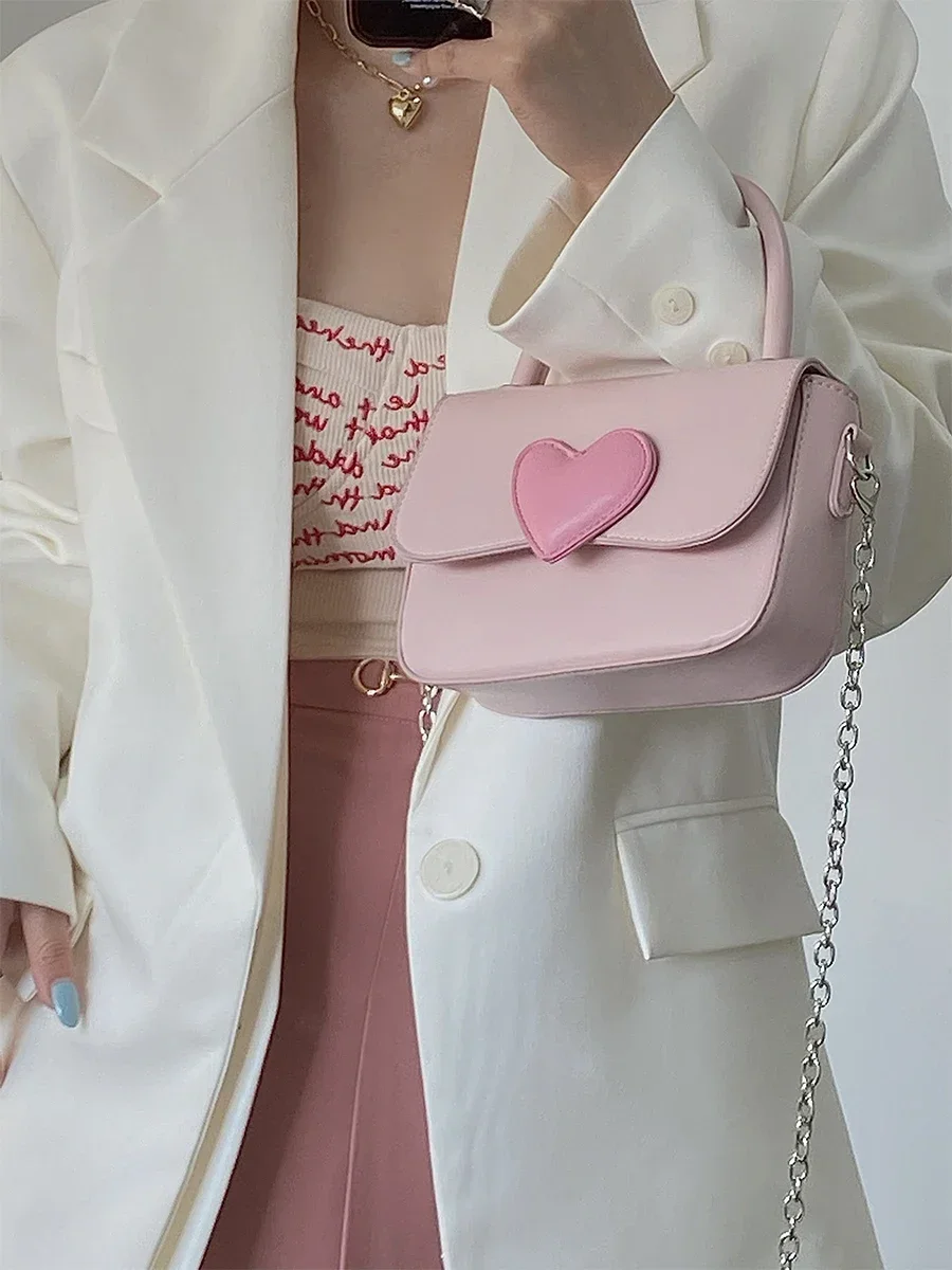 Pink Heart Girly Small Square Shoulder Bag Fashion Love Women Tote Purse Handbags Female Chain Top Handle Messenger Bags Gift