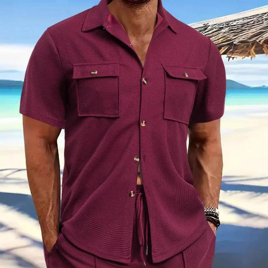 

Summer Men's Casual Color irt ort Sve Classic Collar Versatile ket Design Faionable Ci Walk Outfit