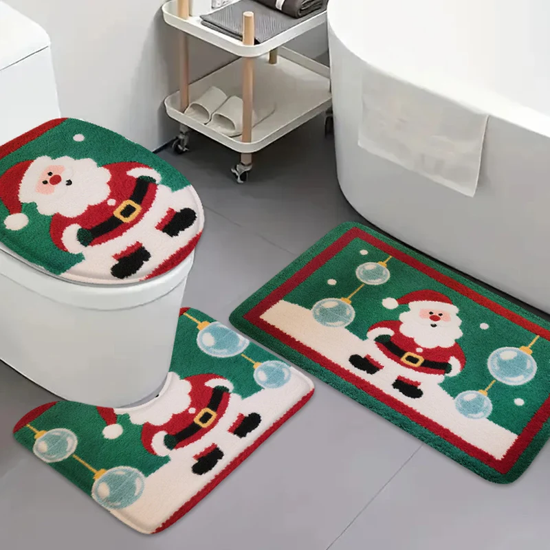 3pcs cartoon snowman flannel bathroom carpet, bathroom door mat, bathtub absorbent pad, toilet mat, U-shaped anti slip foot mat