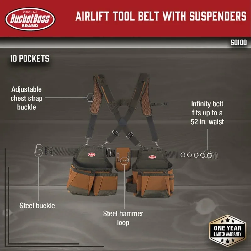 AirLift Tool Belt with Suspenders, Tool Belts - Series (50100) with 12 pockets, Brown , 52 Inch