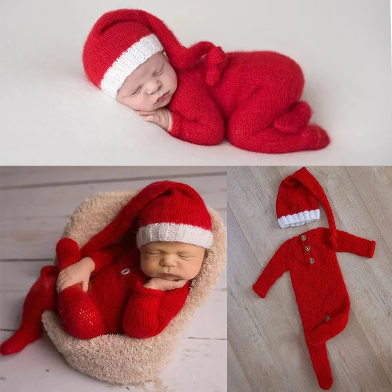 Christmas Costumes Newborn Photography Clothing Soft Knitted Mohair Red Jumpsuits and Pointy Hat Sets Baby Photoshoot Outfits