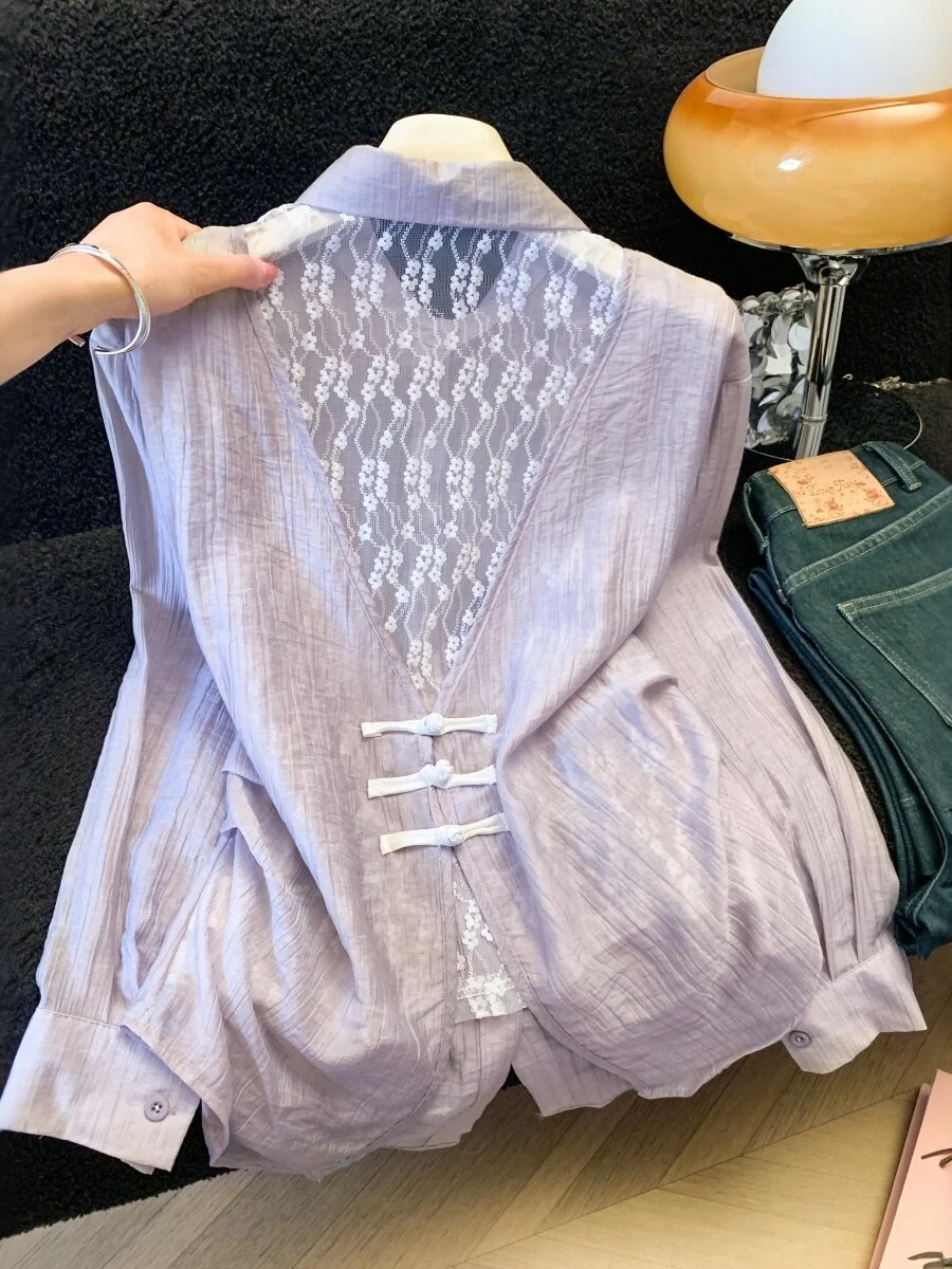 

Женская рубашка с длинным рукавом и серыми кружевными вставками, весна 2026, новый дизайн, в китайском стиле, пэчворк, модная, для повседневной носки, свободный крой