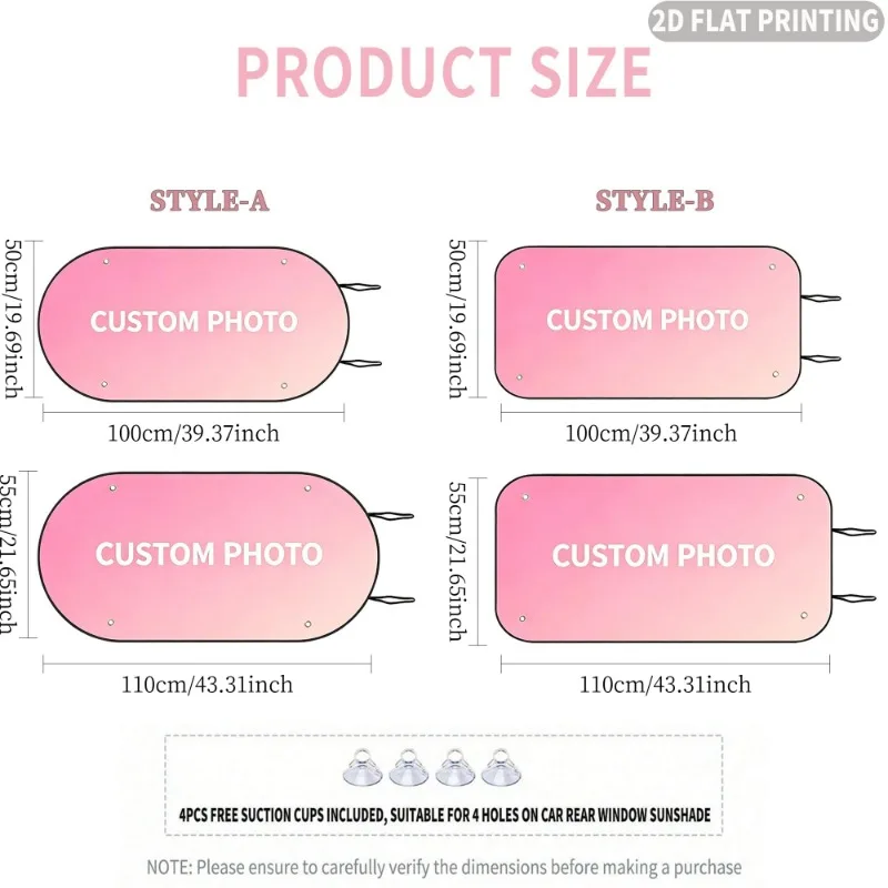 Custom 1pc Car Rear Windshield Sunshade, 2 Styles and 2 Sizes to Choose(50x100cm/ 55x110cm) with 4 Suction Cups for 4 Holes