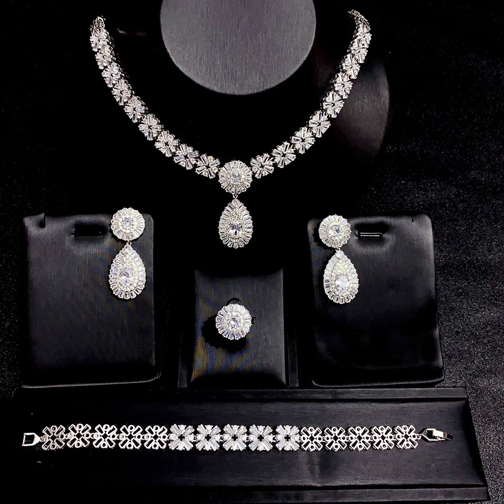

4pcs Luxury Cubic Zirconia Stone Silver Color Nigerian Dubai Bridal Wedding Jewelry Set for Brides Accessories