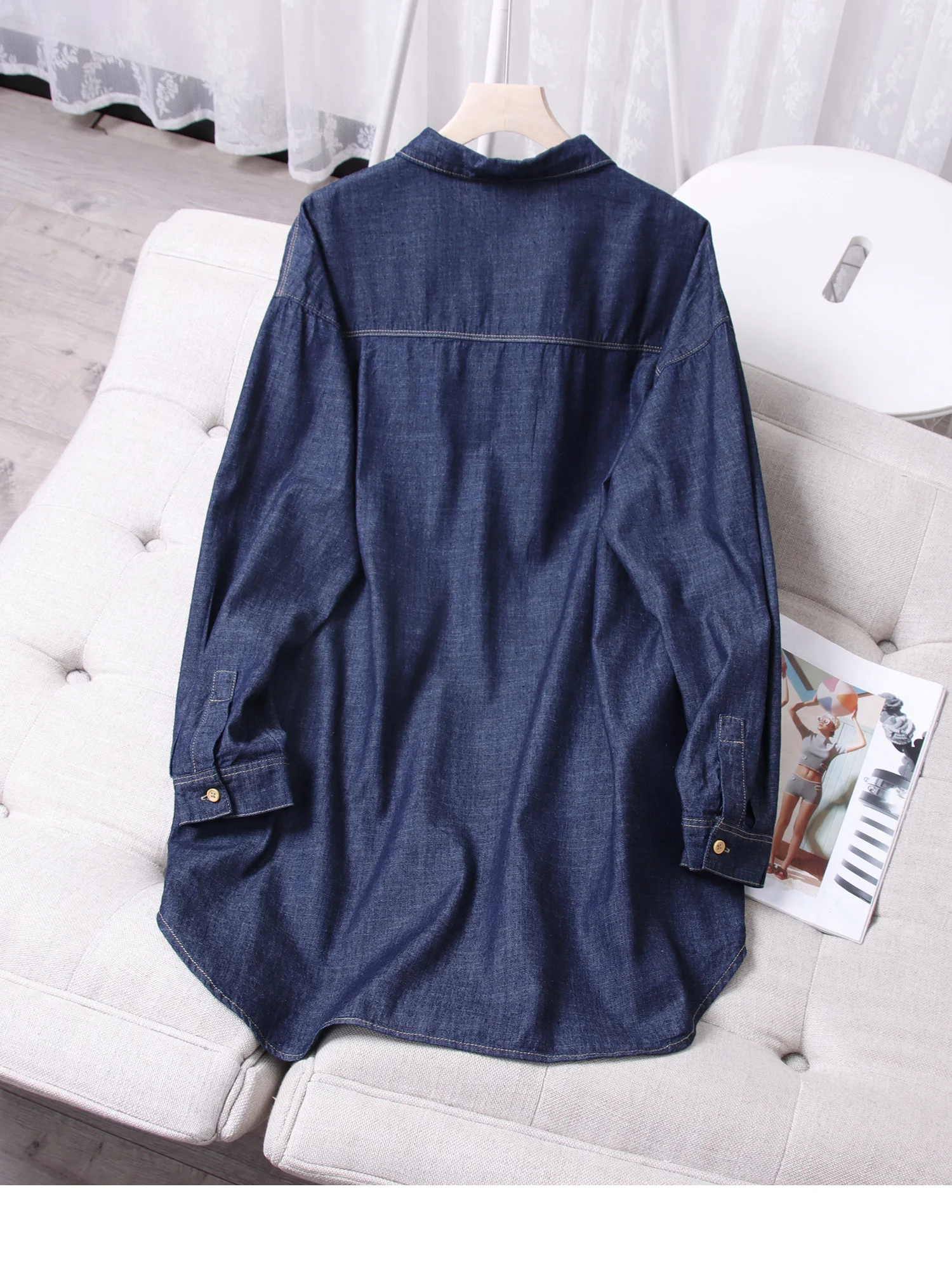 Fashion mid-length denim shirt for women versatile and slim single-breasted long-sleeved denim shirt