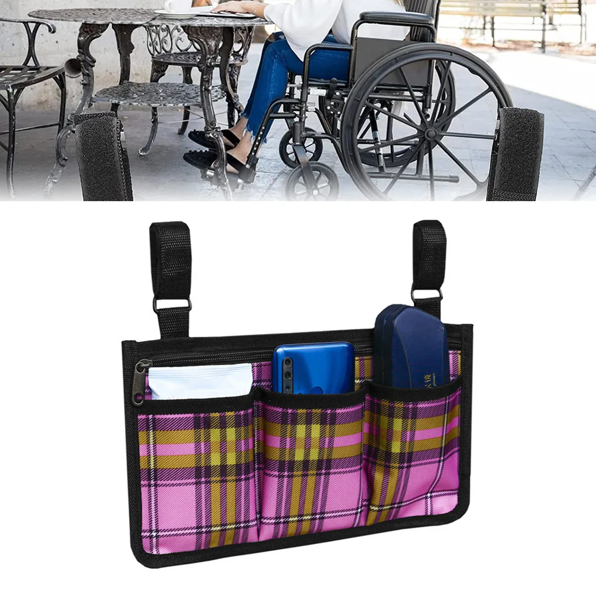 

1Pcs Pink Outdoor Wheelchair Bag Side Armrest Pouch Storage Pocket Organizer With Strip for Mobile Equipment Accessory Home Bag
