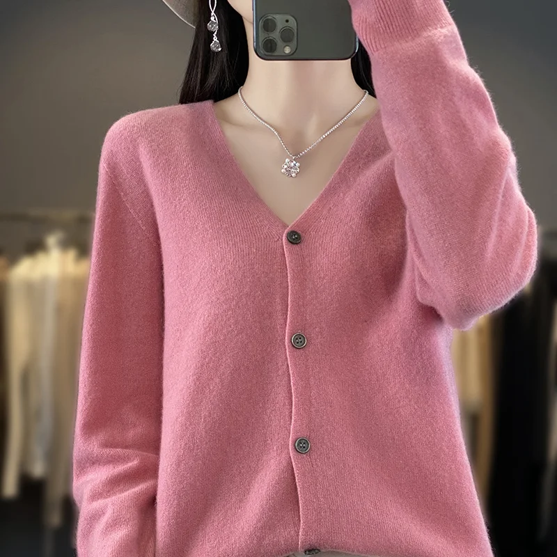 Women Cashmere Cardigan Thin Sweater For Spring Autumn V-neck Long Sleeve 100% Merino Wool Knitwear Soft Comfort Clothes Tops