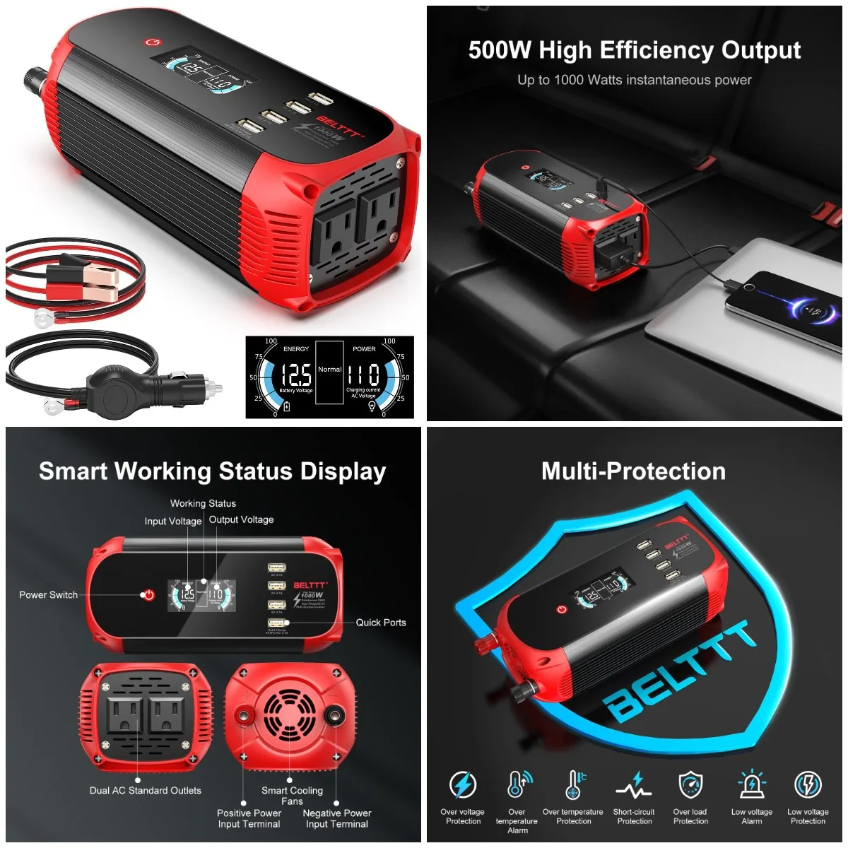 

Автомобильный инвертор мощностью 500 Вт, переменный ток от 12 В до 110 В с 2 розетками переменного тока, 4 порта USB, ЖК-дисплей