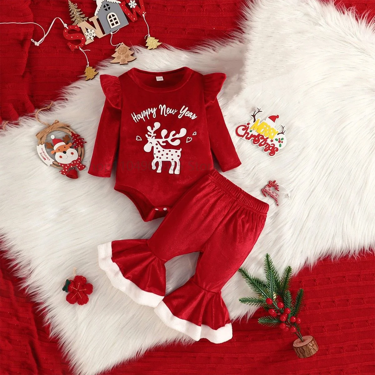 

Infant Baby Girl Christmas Jumpsuit Outfits Letter Print Long Sleeve Romper Flare Pants Toddler Clothes