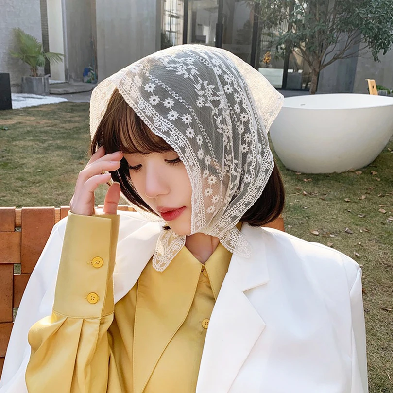 AWAYTR Spain Plain Hollow Lace Triangle Scarf Office Lady Wrist Hair Tie Snood Foulard Headband Shawls and Wraps Neckerchief