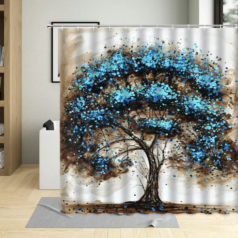 Colorful Trees Bathroom Curtains, Polyester Fabric Screen with Hooks, Abstract Art, Four Seasons, Waterproof Shower Curtain