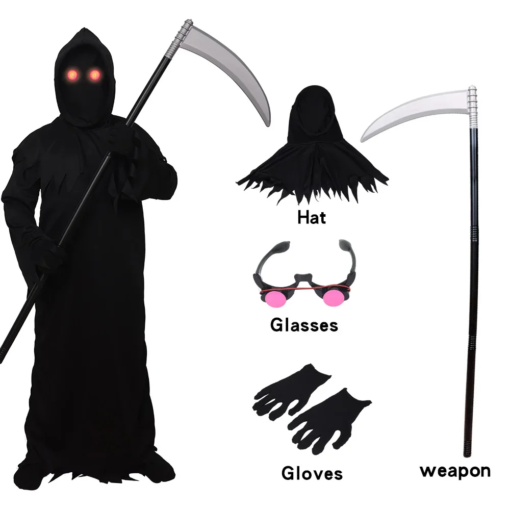 Halloween Cosplay Costume Grim Reaper Scary Skeleton Costume Children Glowing Red Eyes Grim Reaper Ghost Robe Send Scythe Props