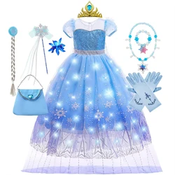 Fancy Snow Queen Elsa Anna Costume Girls Princess Dress Toddler Halloween Cosplay Party LED Light Vestido For 2-10 Years