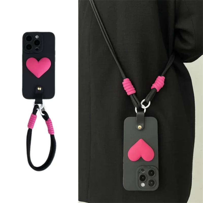 

Korean luxury crossbody lanyard strap portable wrist bracelet heart Black Case for iPhone 11 12 13 14 15 16 Pro Max cover