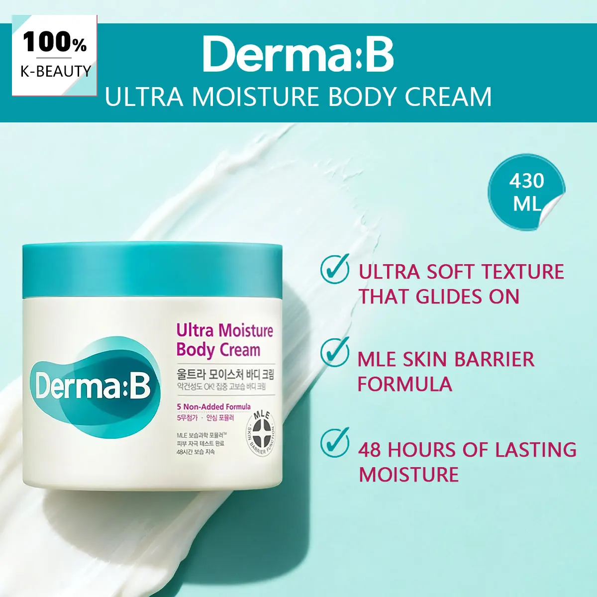 Derma:B Ultra Moisture Body Cream 430ml,Ultra Moisturizing Body Cream,Non-Greasy Texture,Korean Skincare,Korean Makeup