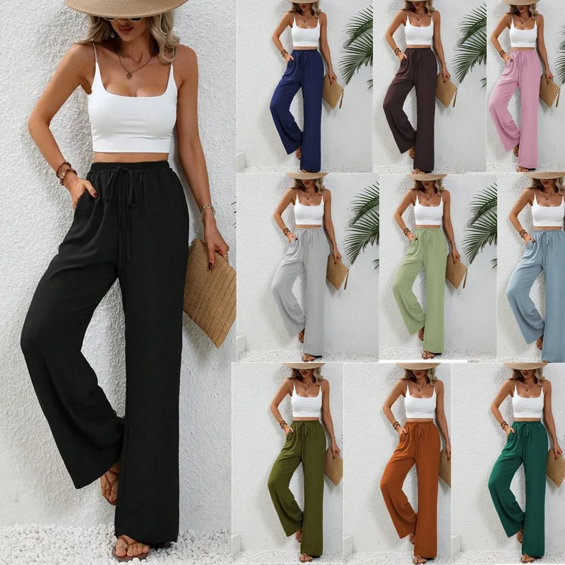 

Women's Casual Lace Up Thigh Pants 2025 Spring Summer New Solid Color Floor Sweeping Wide Leg Trousers Pocket Long Khaki Pant