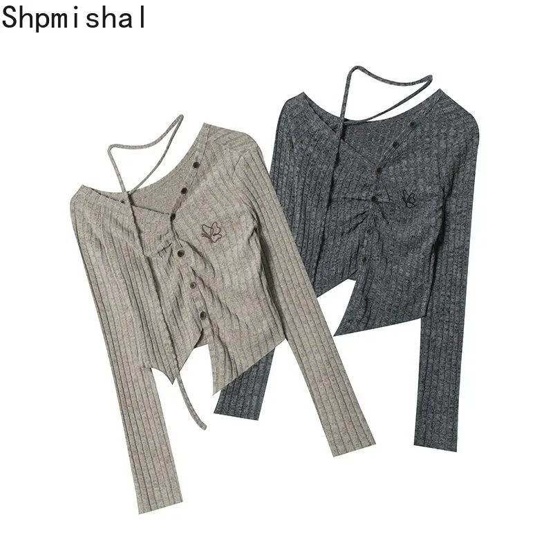 

Western Style Short Spicy Girl Cardigan T-shirt for Women's Autumn New Diagonal Collar Slimming Knit T-shirt Top Female Clothing